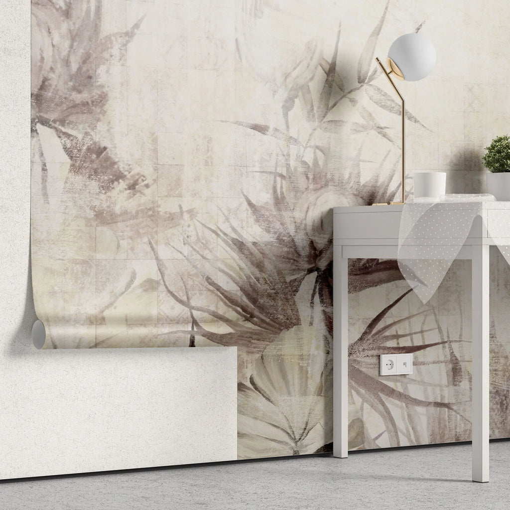 Tapet personalizat floral cu flori fade pe un fundal bej faiantat faded tile flowers