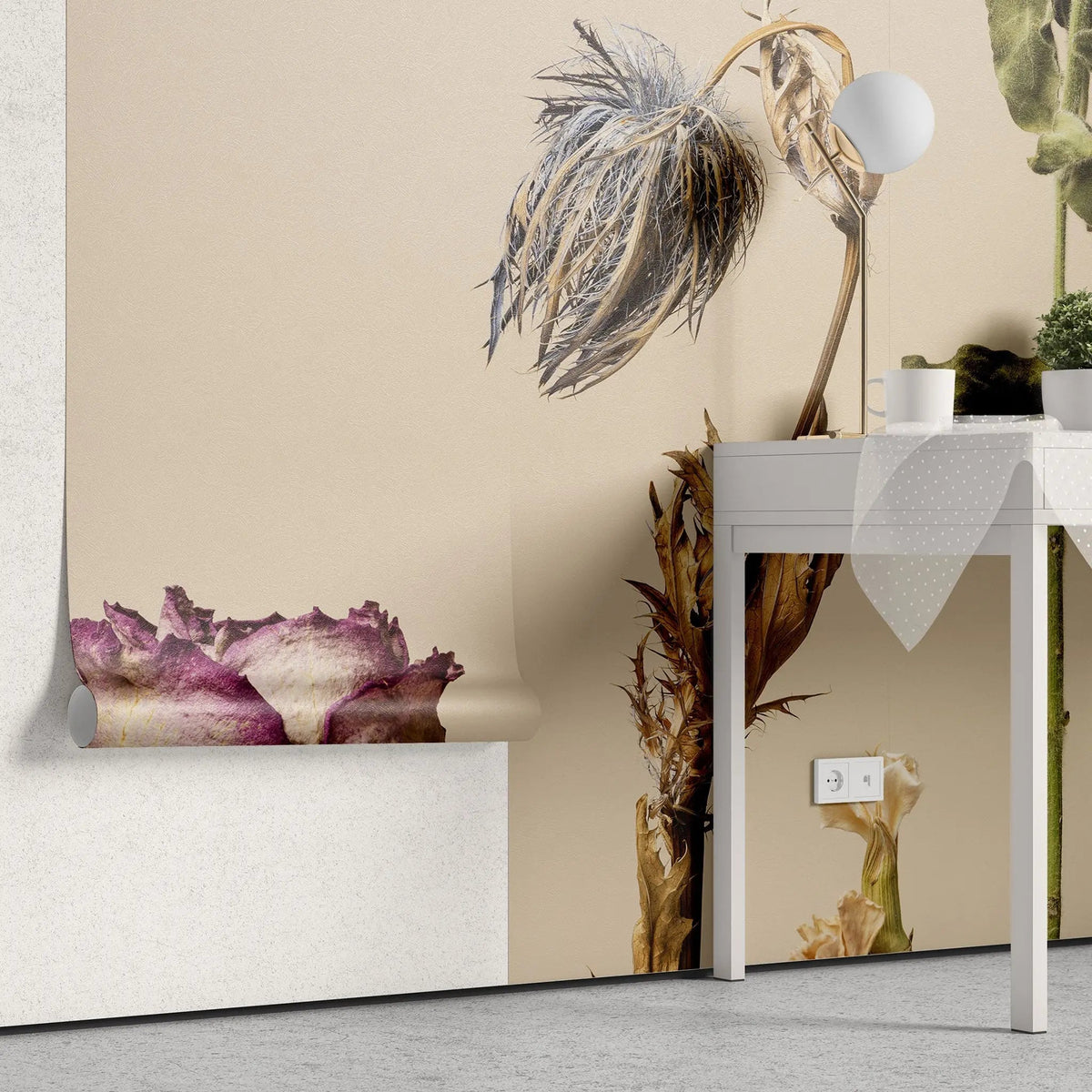 Tapet personalizat floral cu flori uscate pe un fundal bej dried flowers