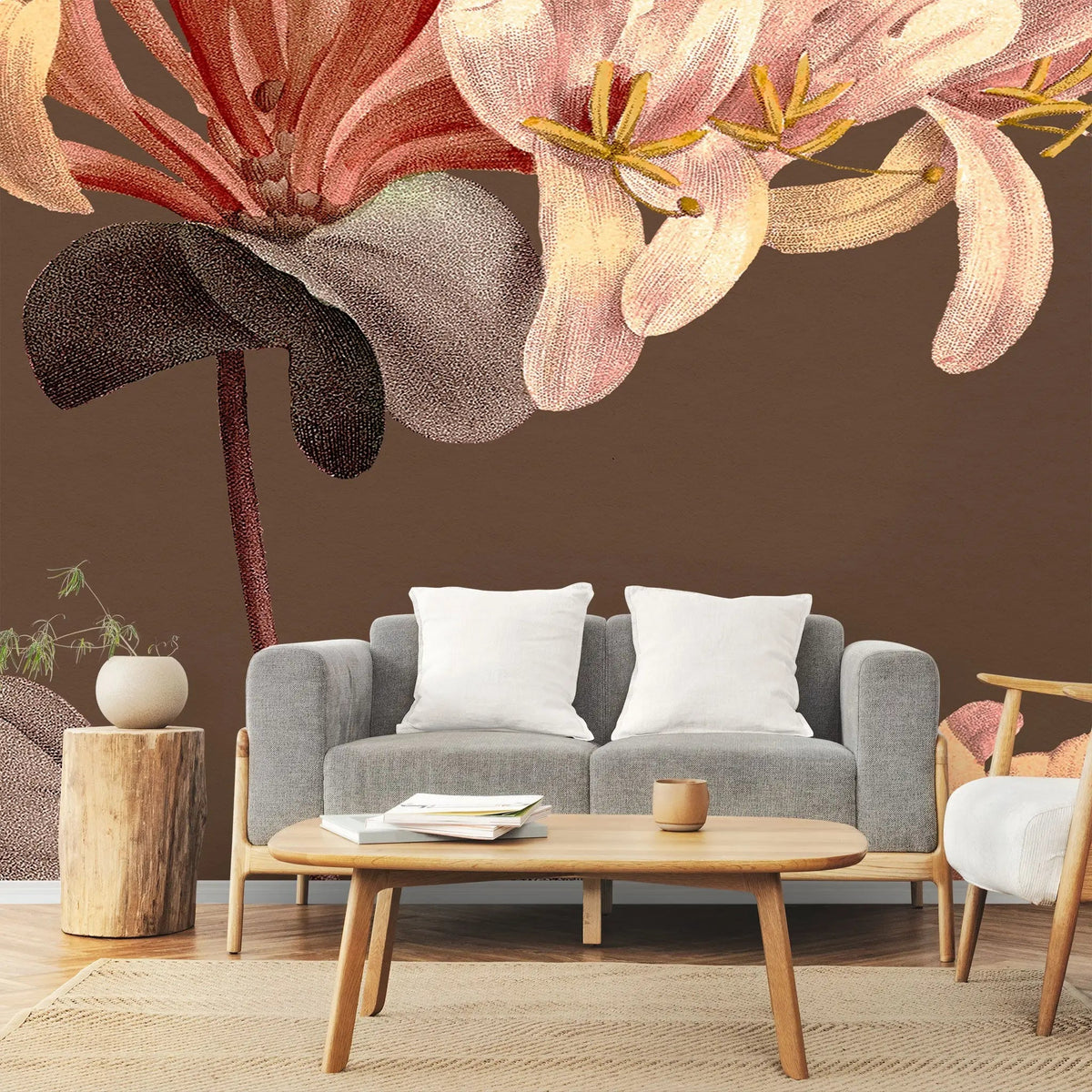 Fototapet personalizat floral cu flori texturate pe un fundal maro textured flowers