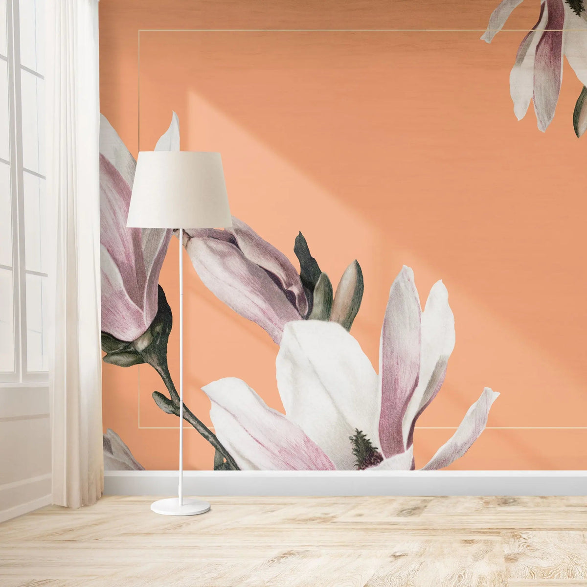 Tapet personalizat floral cu flori de magnolie in rama aurie subtire si pe un fundal oranj framed magnolia