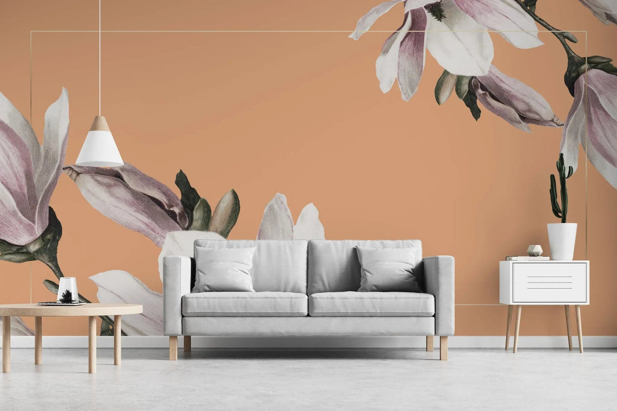 Tapet personalizat floral cu flori de magnolie in rama aurie subtire si pe un fundal oranj framed magnolia