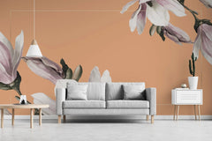 Tapet personalizat floral cu flori de magnolie in rama aurie subtire si pe un fundal oranj framed magnolia