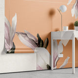 Tapet personalizat floral cu flori de magnolie in rama aurie subtire si pe un fundal oranj framed magnolia
