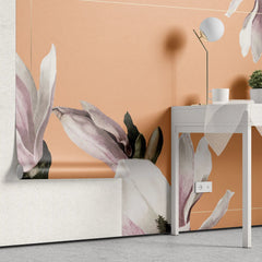 Tapet personalizat floral cu flori de magnolie in rama aurie subtire si pe un fundal oranj framed magnolia