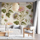 Tapet personalizat floral cu flori inflorite roz si lila pe un fundal deschis pink bull's eye