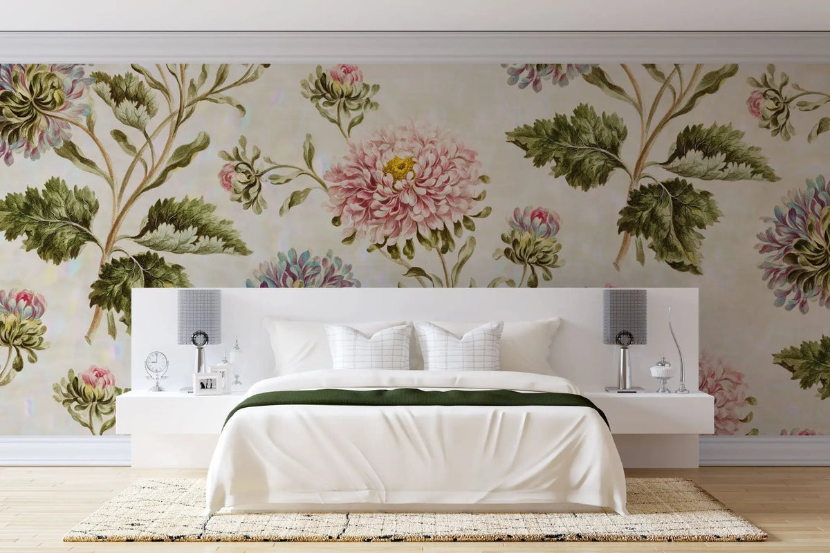 Tapet personalizat floral cu flori inflorite roz si lila pe un fundal deschis pink bull's eye