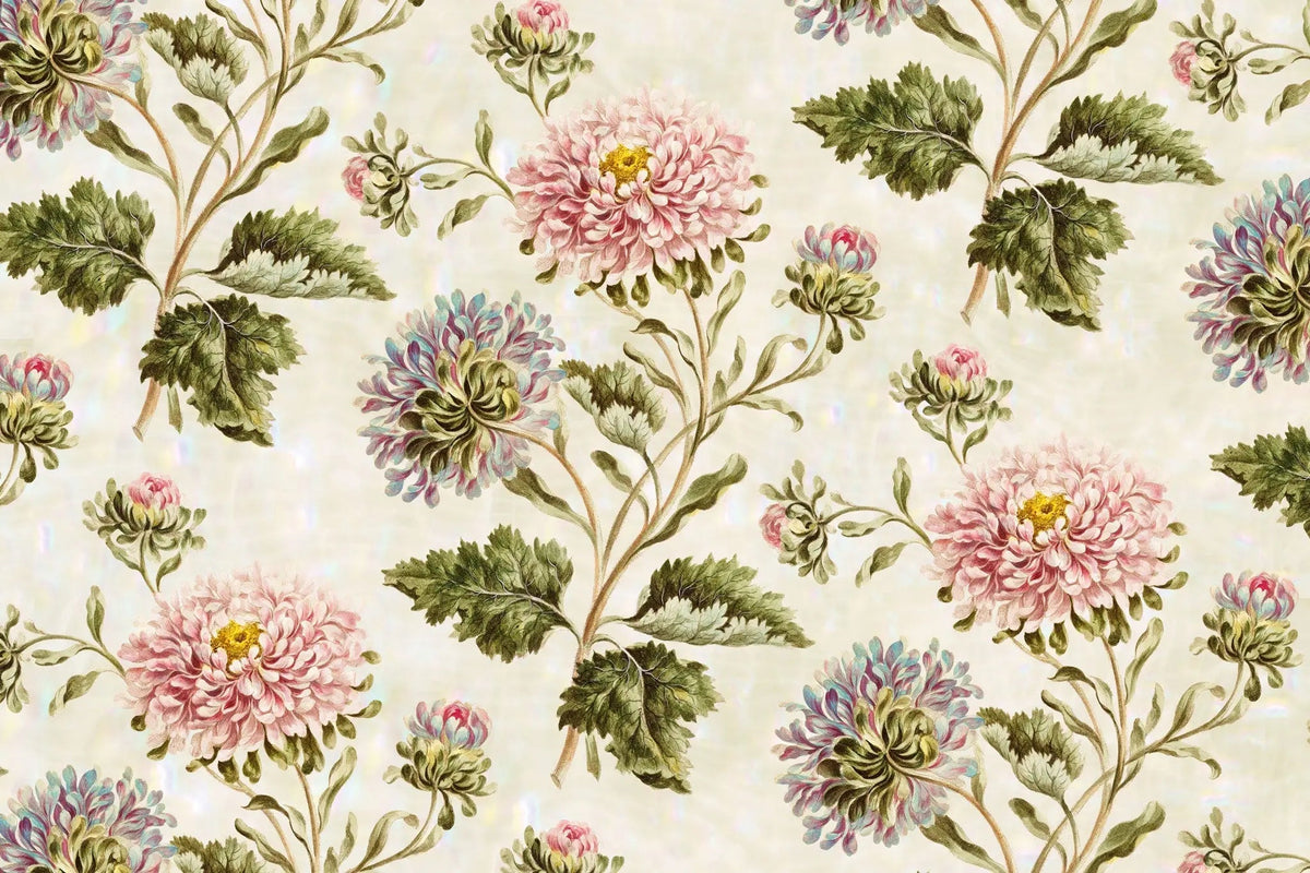 Tapet personalizat floral cu flori inflorite roz si lila pe un fundal deschis pink bull's eye