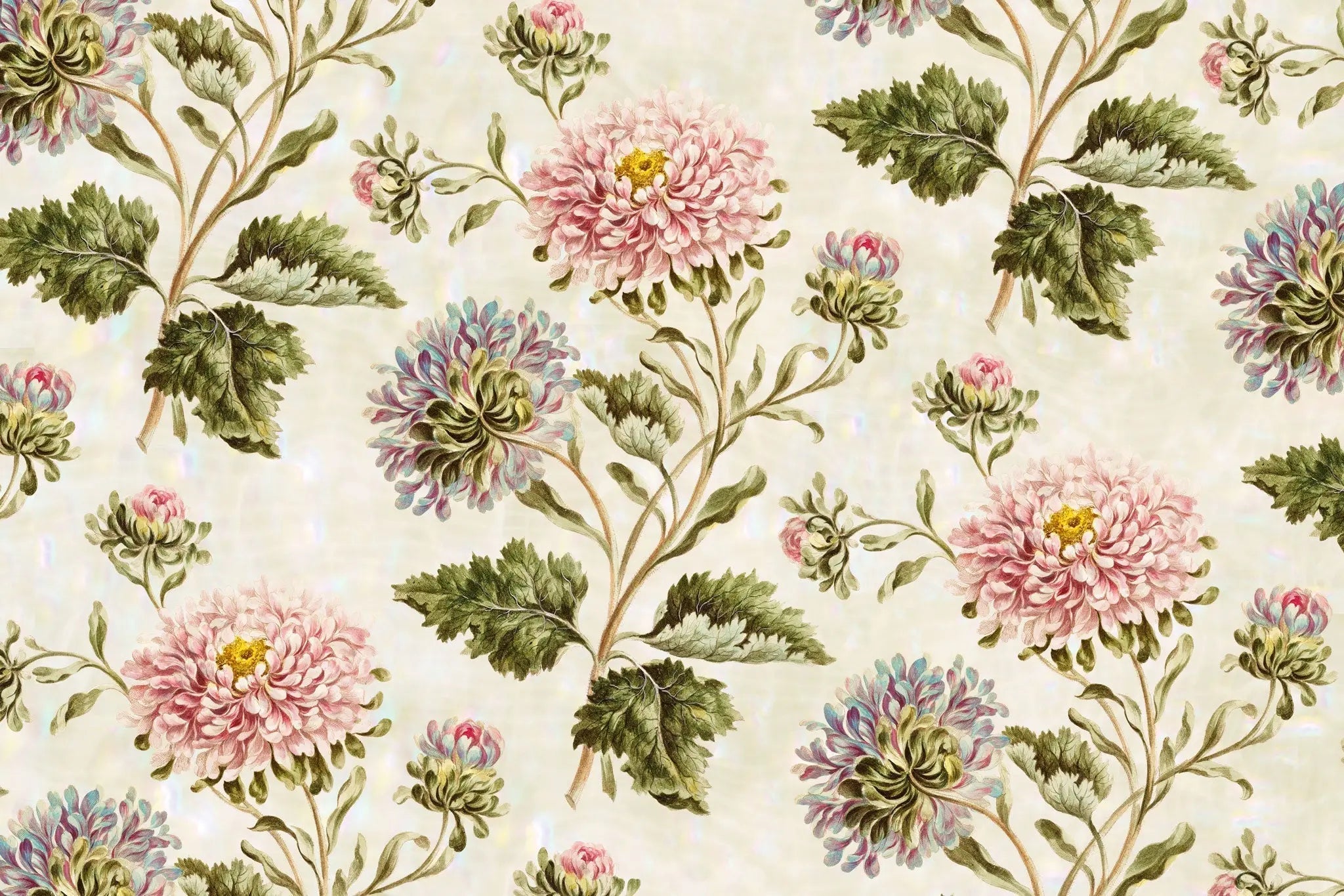 Tapet personalizat floral cu flori inflorite roz si lila pe un fundal deschis pink bull's eye