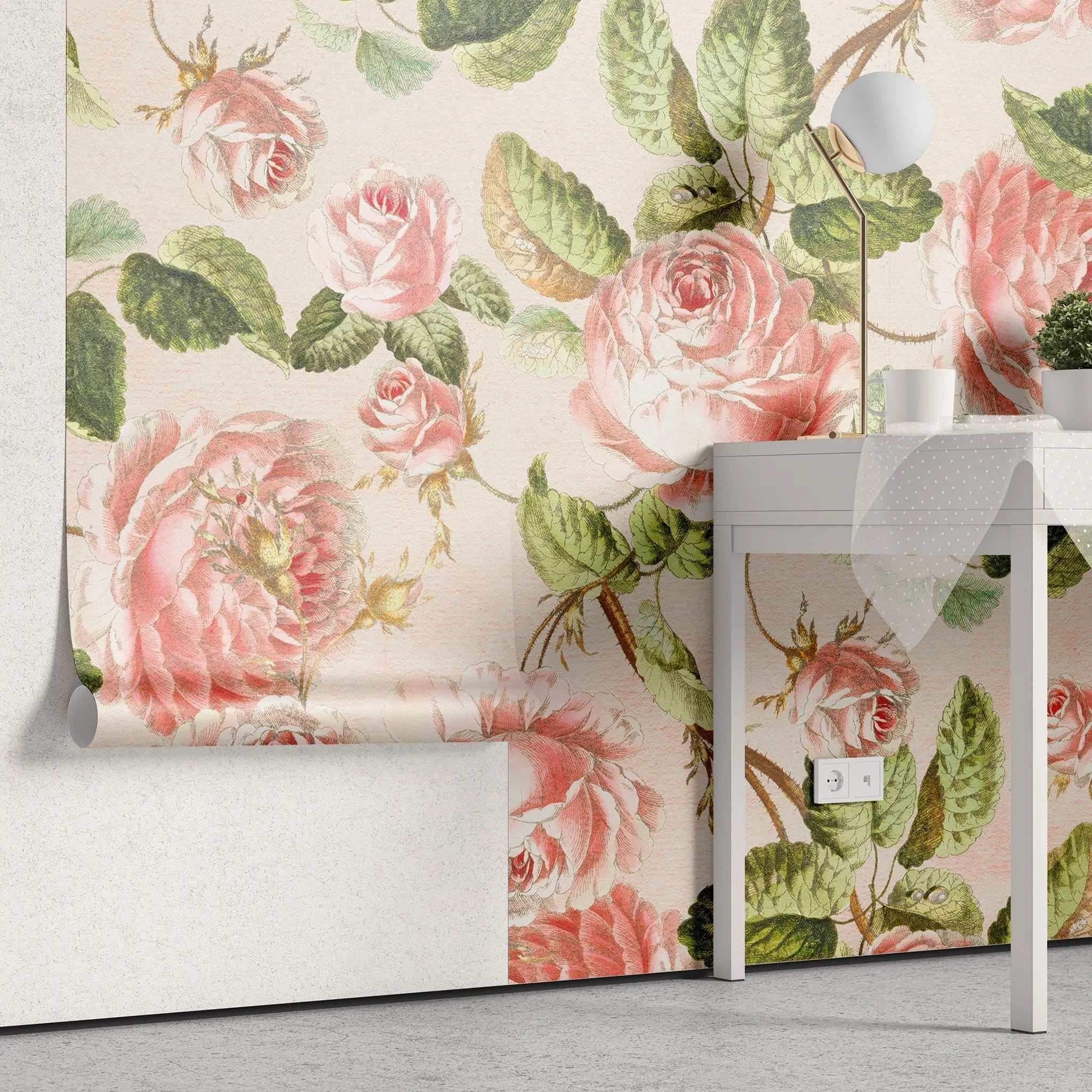 Tapet personalizat floral cu bujori infloriti rozalii in stil retro retro peony