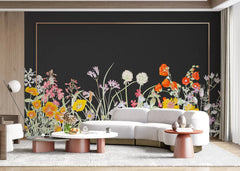 Tapet personalizat floral cu flori in culori vivide cu rama aurie subtire pe un fundal negru black farmed flowers