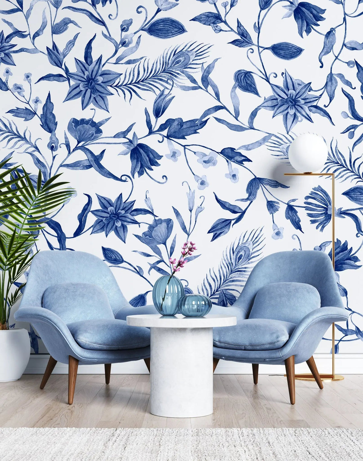 Tapet personalizat floral cu flori albastre in stil olandez dutch blue flowers
