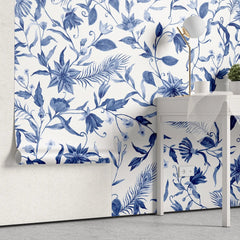 Tapet personalizat floral cu flori albastre in stil olandez dutch blue flowers