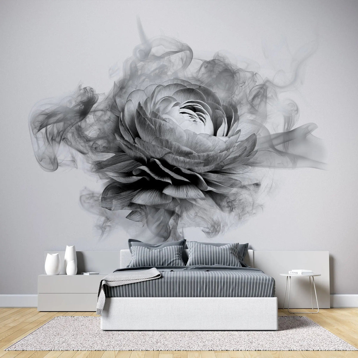 Tapet personalizat floral cu bujor in alb negru fumuriu smokey peony