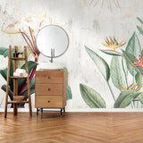 Tapet personalizat floral cu pasarea paradisului pe un perete in nunte deschise concrete bird of paradise