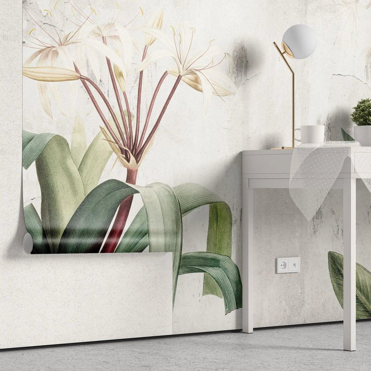 Tapet personalizat floral cu pasarea paradisului pe un perete in nunte deschise concrete bird of paradise