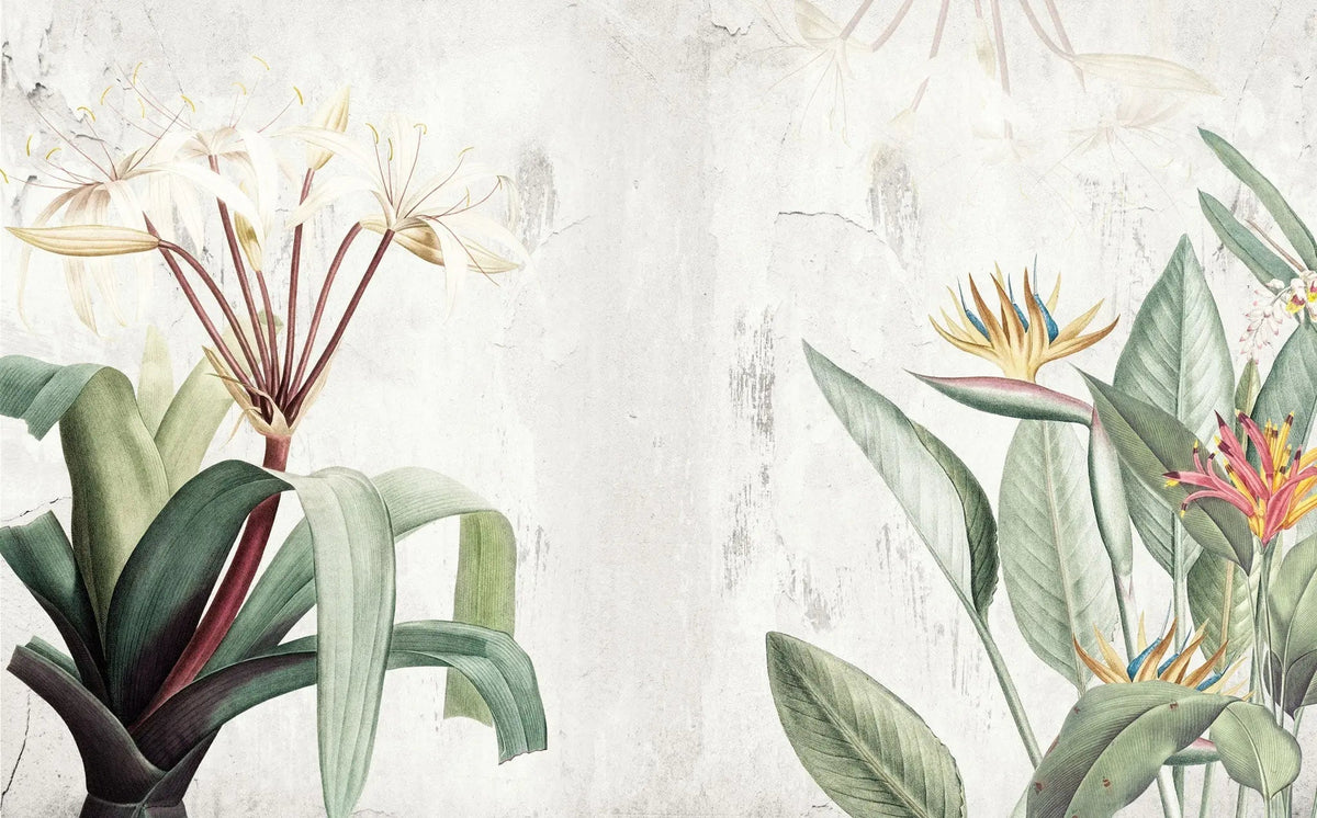 Tapet personalizat floral cu pasarea paradisului pe un perete in nunte deschise concrete bird of paradise