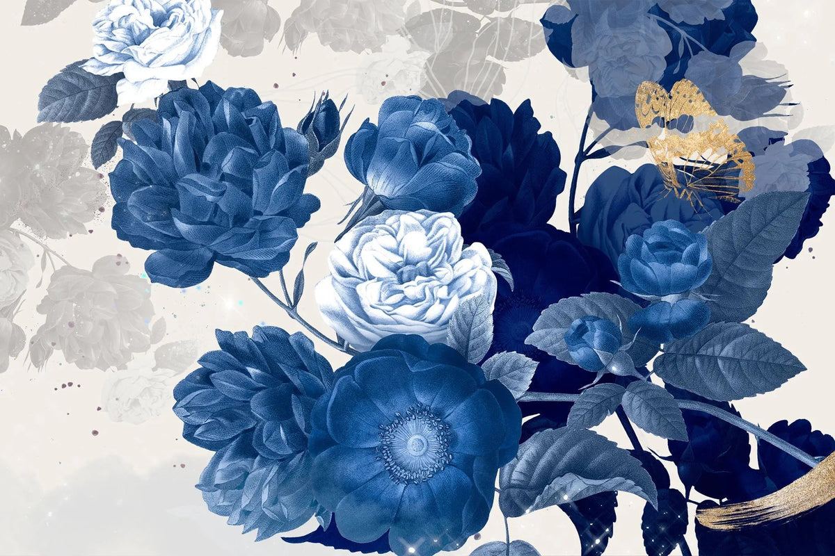 Tapet personalizat floral cu trandafiri albastri pe un fundal alb blue roses