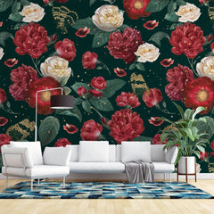 Tapet personalizat floral cu flori si frunze in nuante aprinse de rosu si verde crimson green