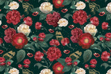 Tapet personalizat floral cu flori si frunze in nuante aprinse de rosu si verde crimson green