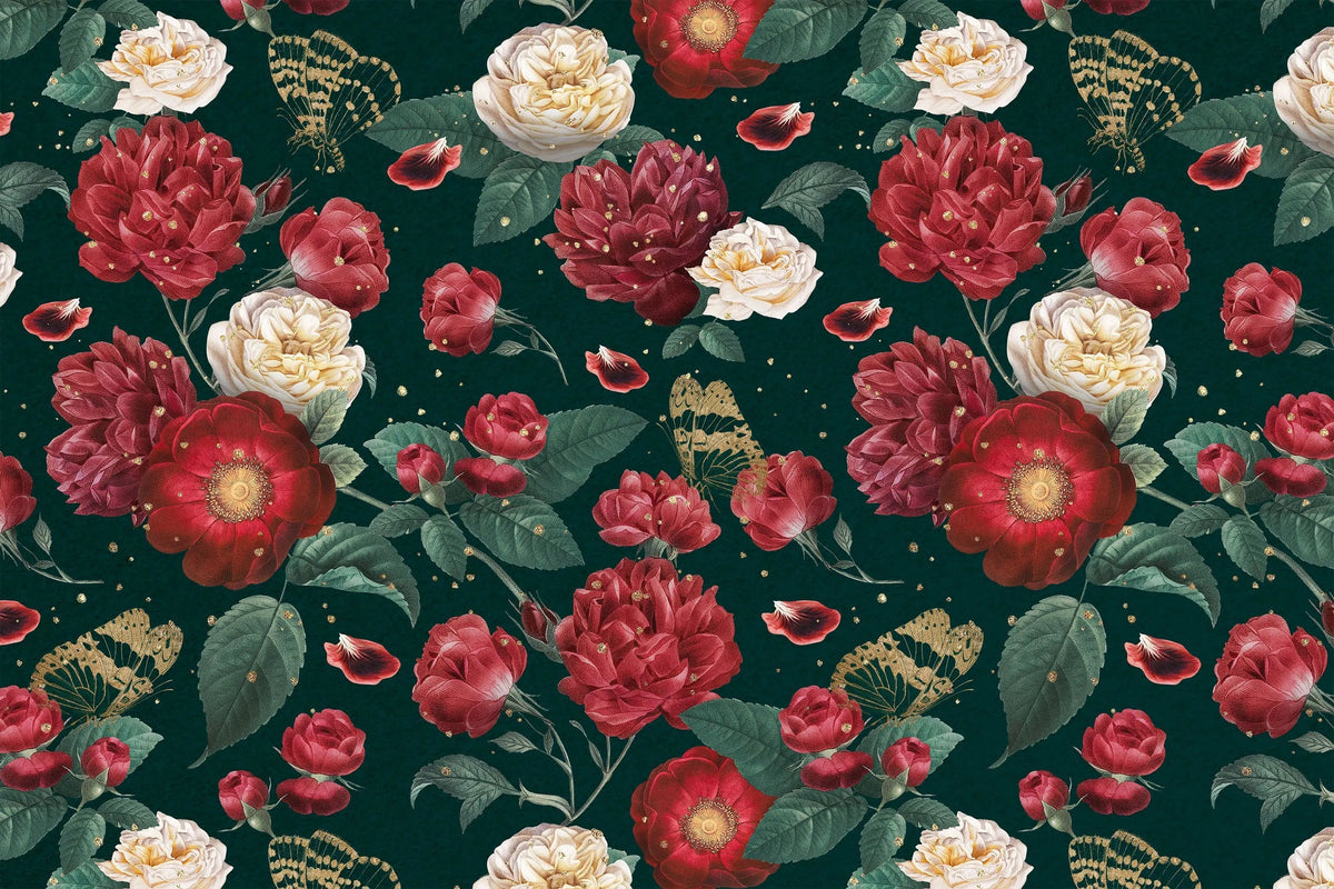 Tapet personalizat floral cu flori si frunze in nuante aprinse de rosu si verde crimson green
