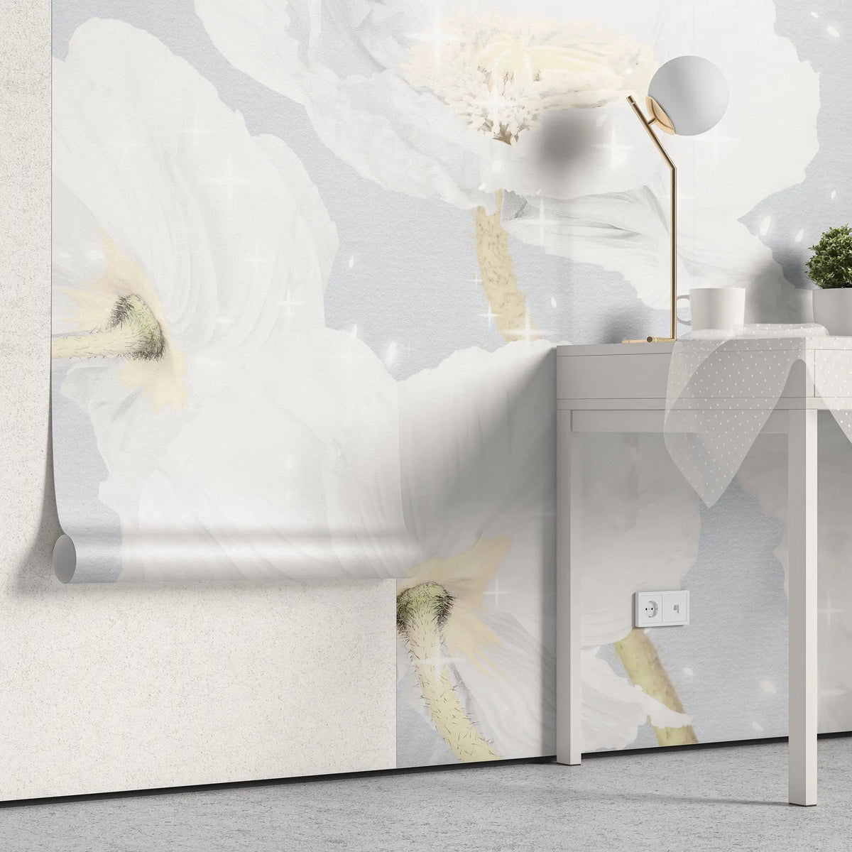 Tapet personalizat floral cu flori de mac albe white poppy