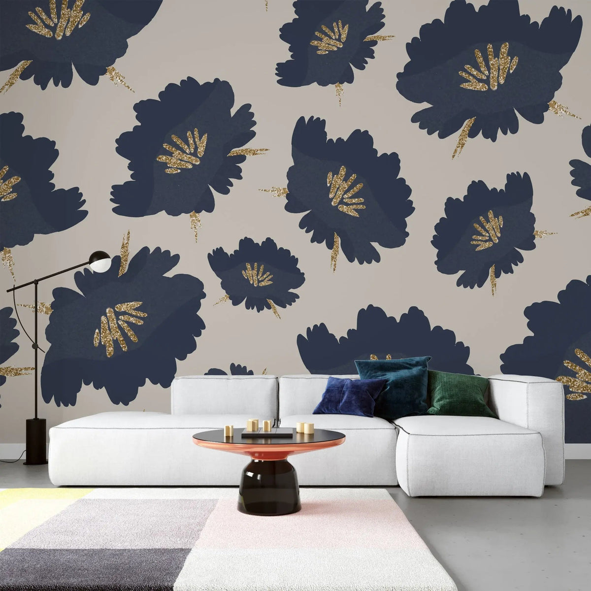 Tapet personalizat floral cu flori albastre cu pistil auriu sclipitor blue&glitter