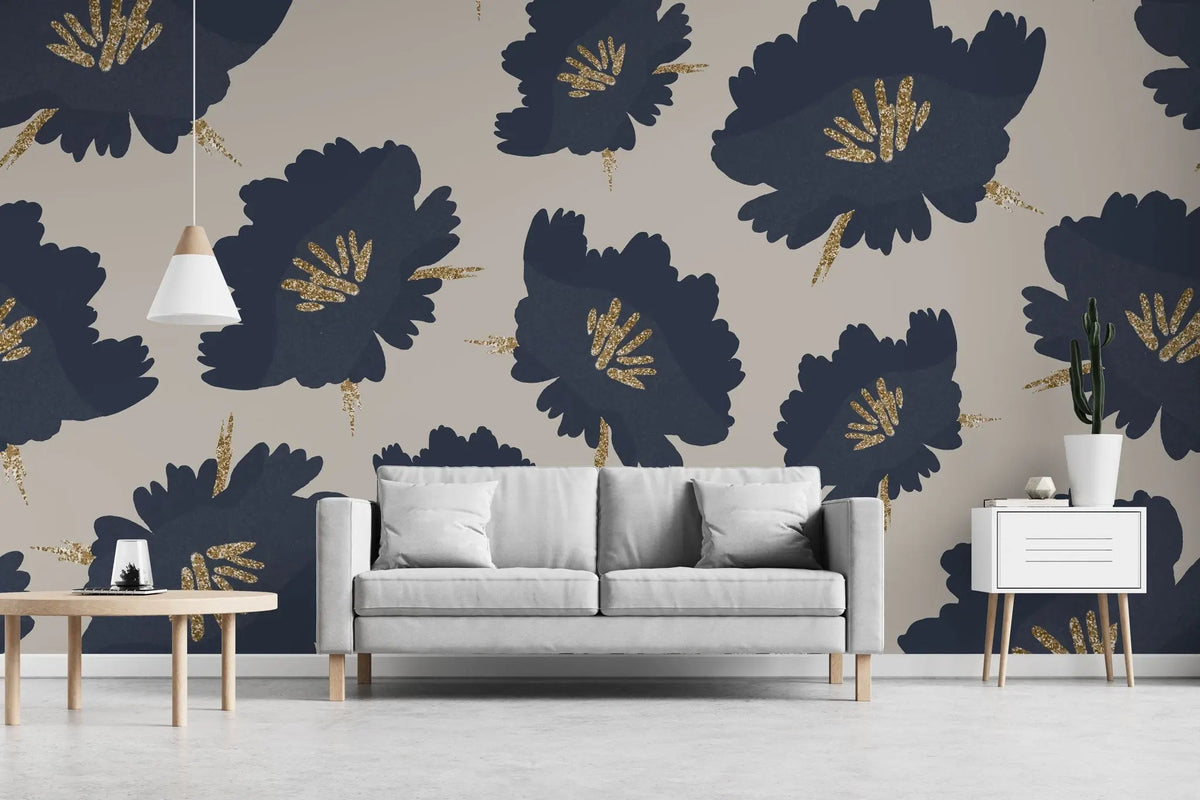 Tapet personalizat floral cu flori albastre cu pistil auriu sclipitor blue&glitter