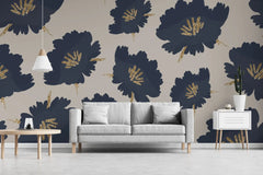 Tapet personalizat floral cu flori albastre cu pistil auriu sclipitor blue&glitter