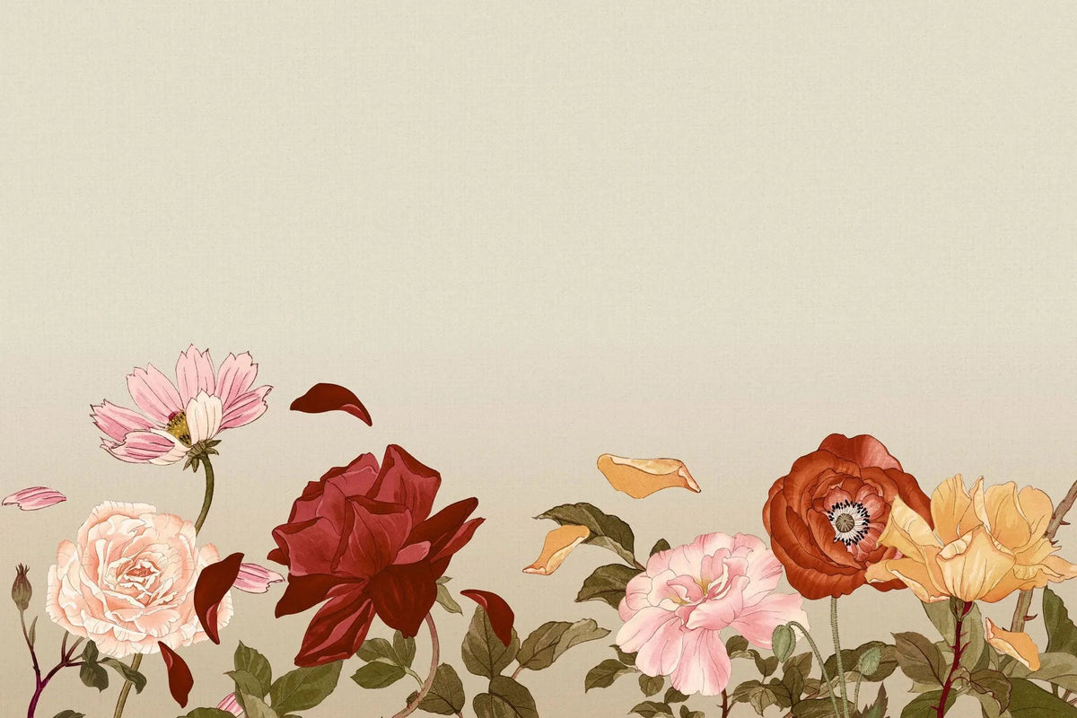 Tapet personalizat floral cu petale de flori suflate in vant pe un fundal bej petals in the wind