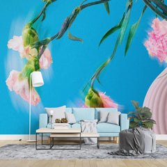 Tapet personalizat floral cu garoafe roz sterse pe un fundal turcoaz intens smudged carnations