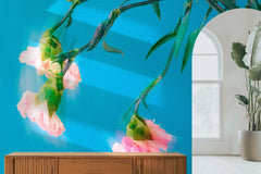 Tapet personalizat floral cu garoafe roz sterse pe un fundal turcoaz intens smudged carnations