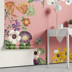 Tapet personalizat floral cu flori vesele si colorate pe un fundal roz joyful pink