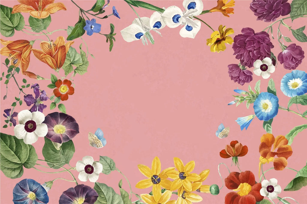 Tapet personalizat floral cu flori vesele si colorate pe un fundal roz joyful pink