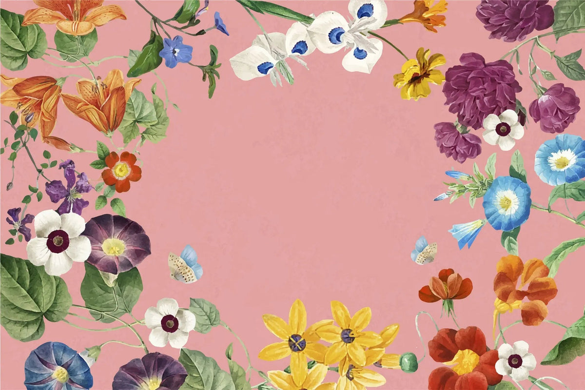 Tapet personalizat floral cu flori vesele si colorate pe un fundal roz joyful pink