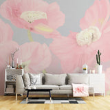 Tapet personalizat floral cu flori de mac roz pastel pe un fundal gri pink poppy
