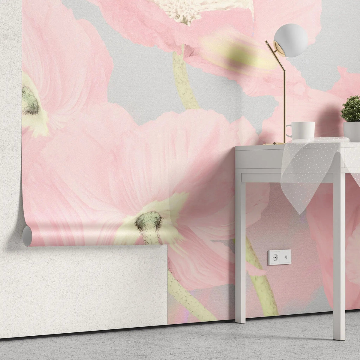 Tapet personalizat floral cu flori de mac roz pastel pe un fundal gri pink poppy