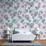 Tapet personalizat floral cu flori de lotus egiptean rosu si pasari colorate red lotus