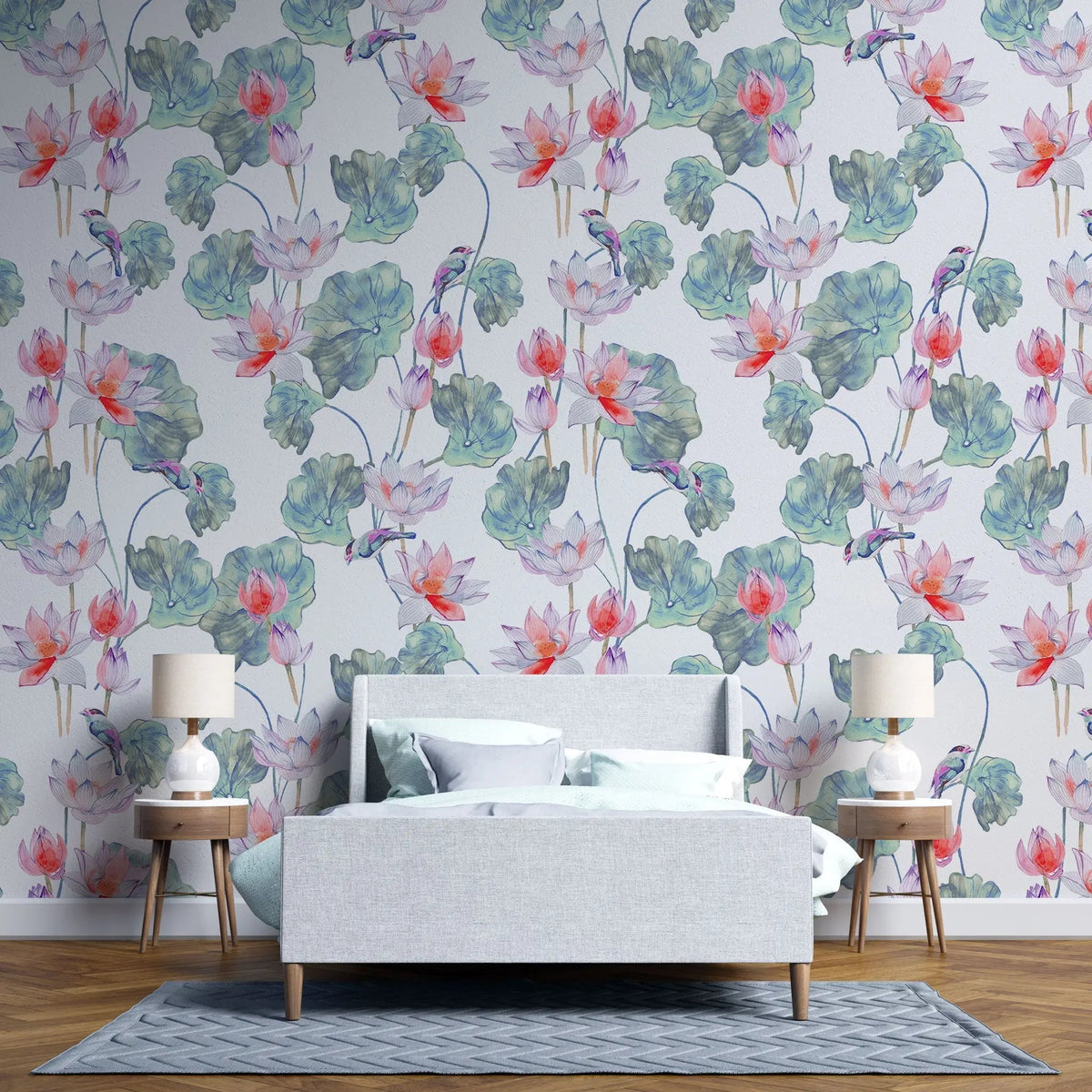 Tapet personalizat floral cu flori de lotus egiptean rosu si pasari colorate red lotus