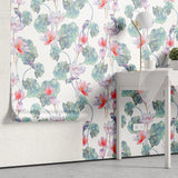 Tapet personalizat floral cu flori de lotus egiptean rosu si pasari colorate red lotus