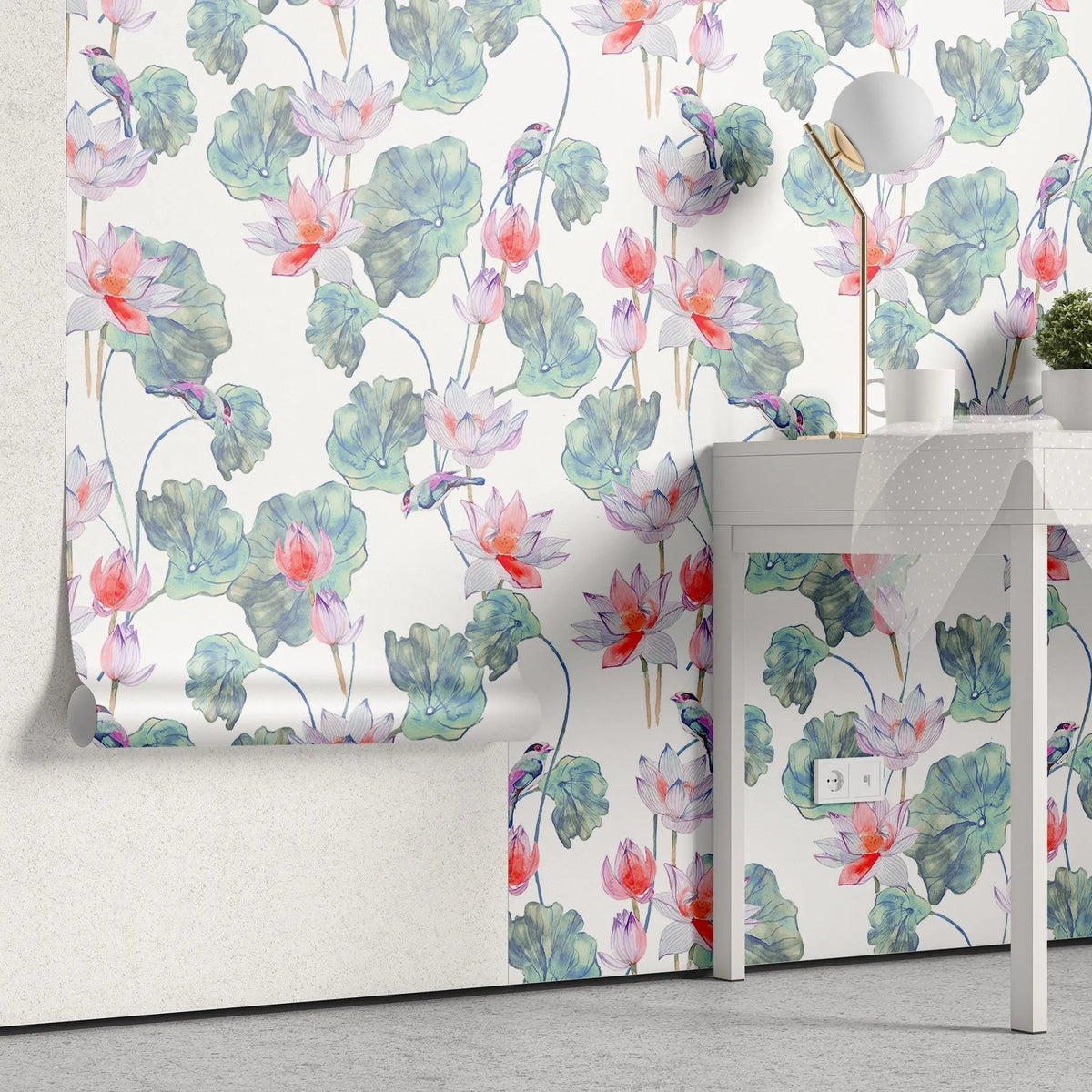 Tapet personalizat floral cu flori de lotus egiptean rosu si pasari colorate red lotus