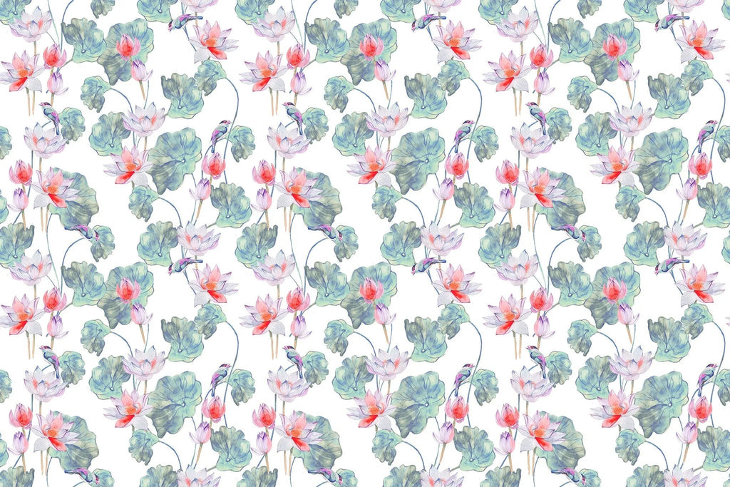 Tapet personalizat floral cu flori de lotus egiptean rosu si pasari colorate red lotus