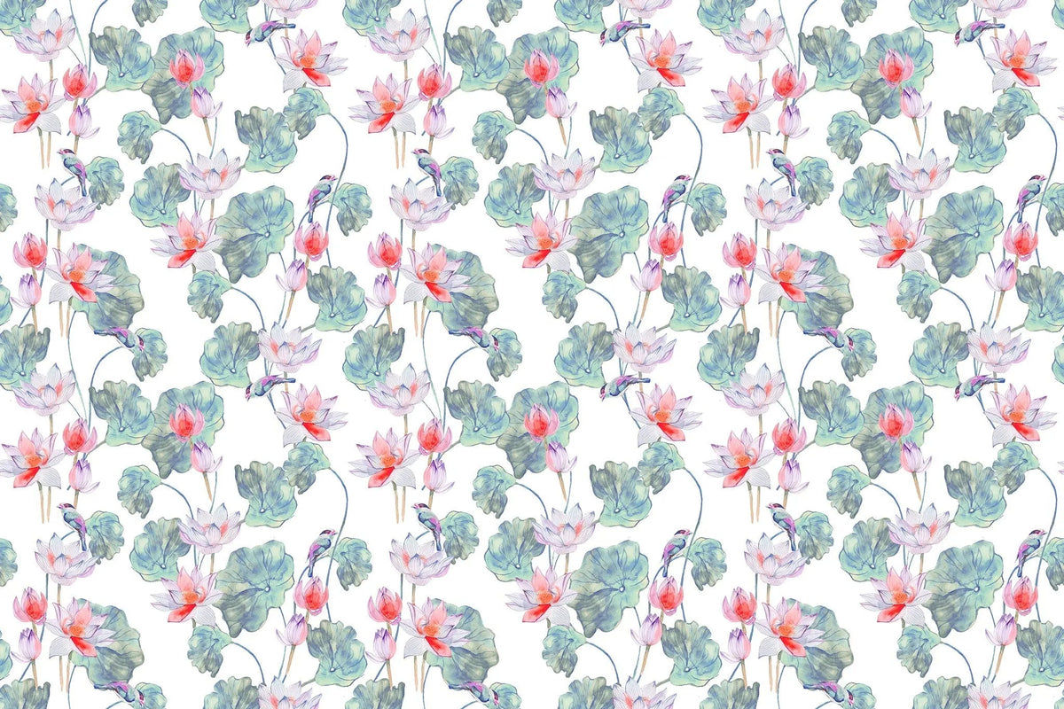 Tapet personalizat floral cu flori de lotus egiptean rosu si pasari colorate red lotus