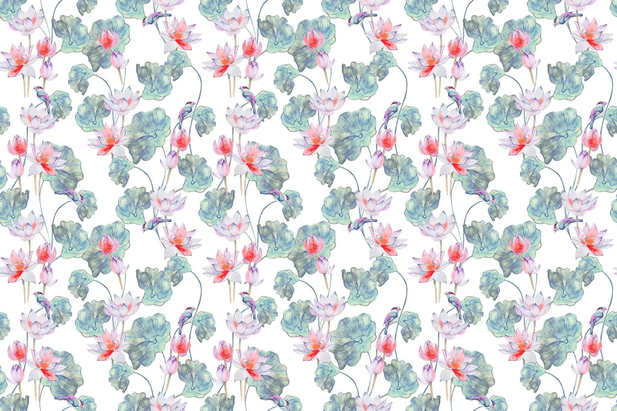 Tapet personalizat floral cu flori de lotus egiptean rosu si pasari colorate red lotus