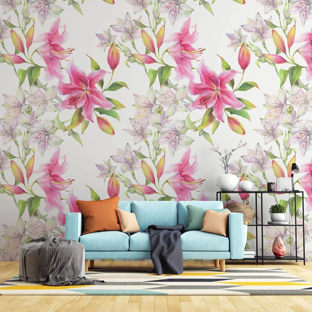 Tapet personalizat floral cu flori de crin roz pe un fundal alb pink lilies