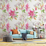 Tapet personalizat floral cu flori de crin roz pe un fundal alb pink lilies