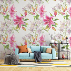 Tapet personalizat floral cu flori de crin roz pe un fundal alb pink lilies