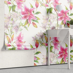 Tapet personalizat floral cu flori de crin roz pe un fundal alb pink lilies