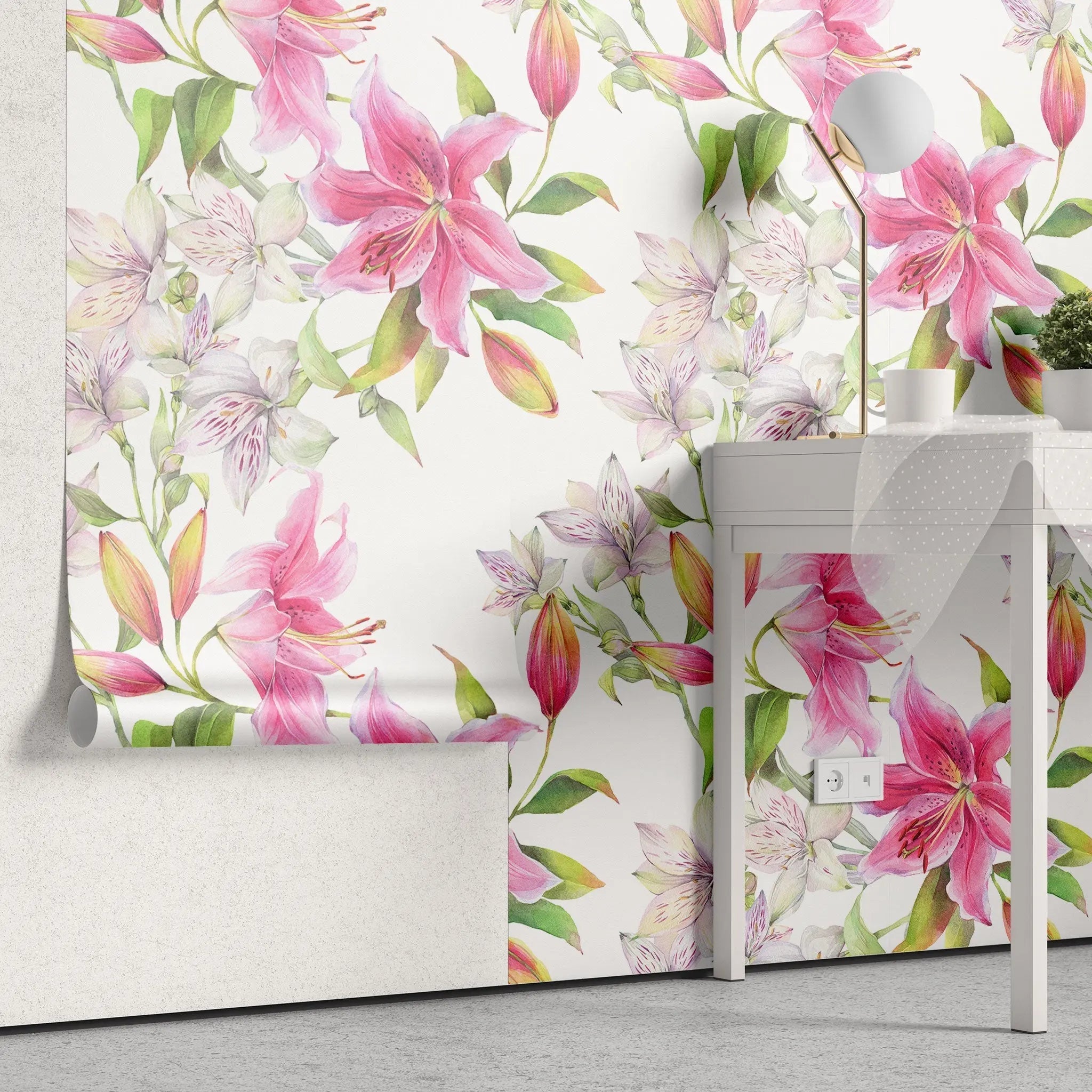 Tapet personalizat floral cu flori de crin roz pe un fundal alb pink lilies