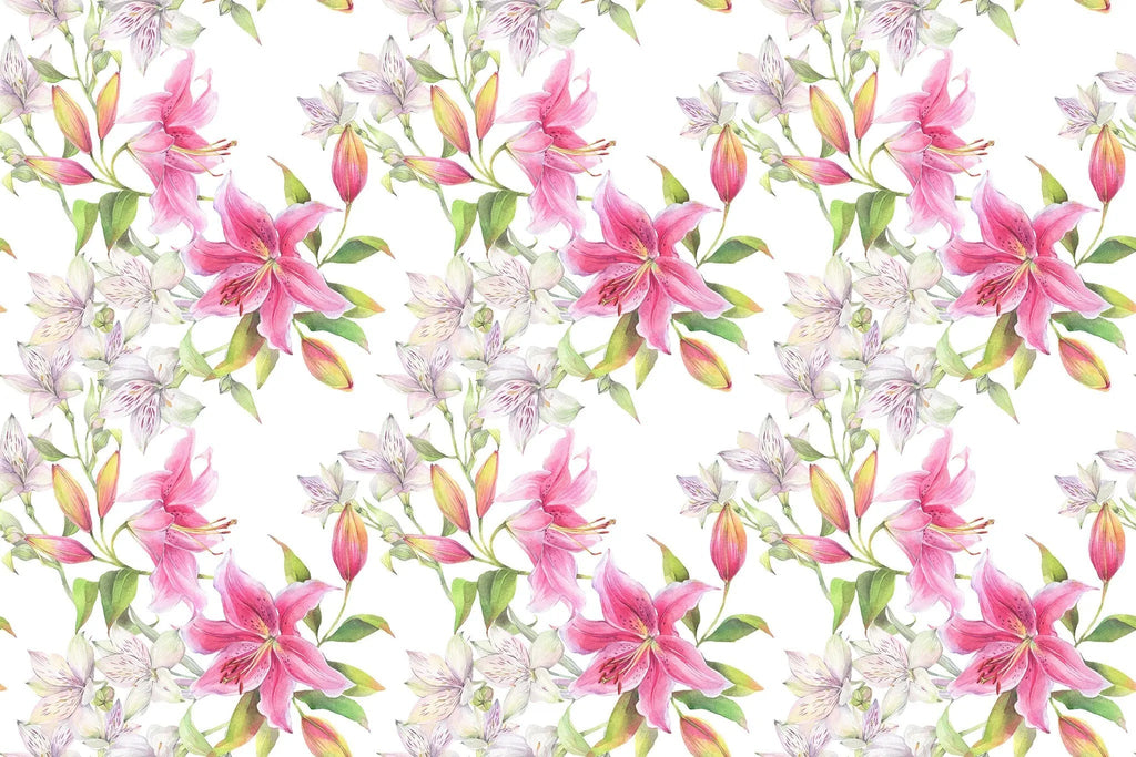 Tapet personalizat floral cu flori de crin roz pe un fundal alb pink lilies