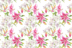 Tapet personalizat floral cu flori de crin roz pe un fundal alb pink lilies